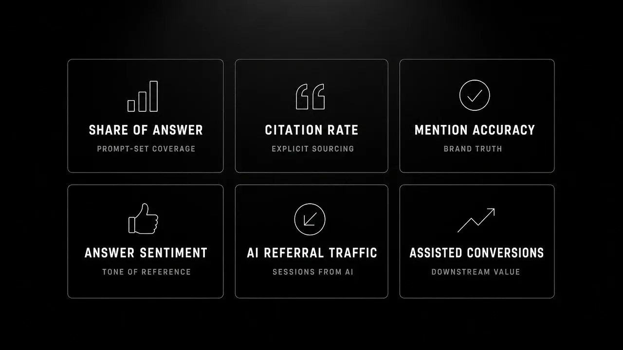 Six AEO measurement KPIs that replace traditional rankings: share of answer (prompt-set coverage), citation rate (explicit sourcing), mention accuracy (brand truth), answer sentiment (tone of reference), AI referral traffic (sessions from AI), and assisted conversions (downstream value)