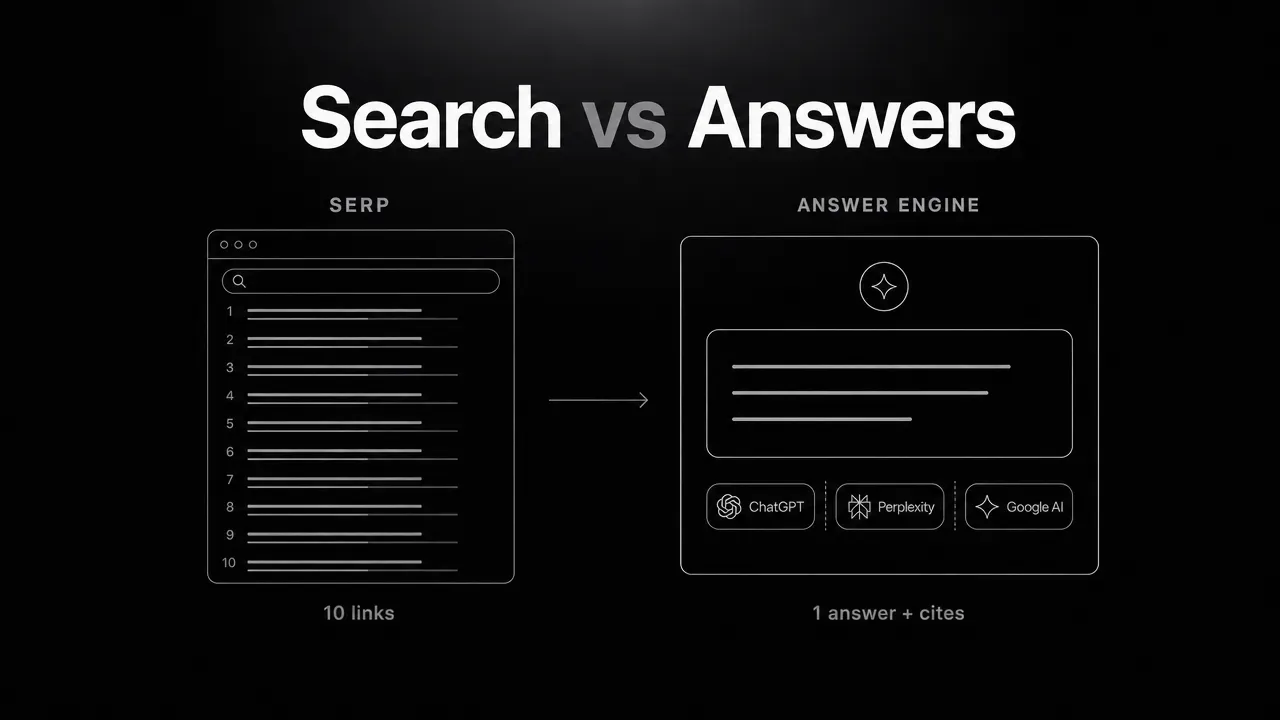 Diagram comparing a traditional search results page with ten blue links against an answer engine interface showing one synthesized answer with citations.