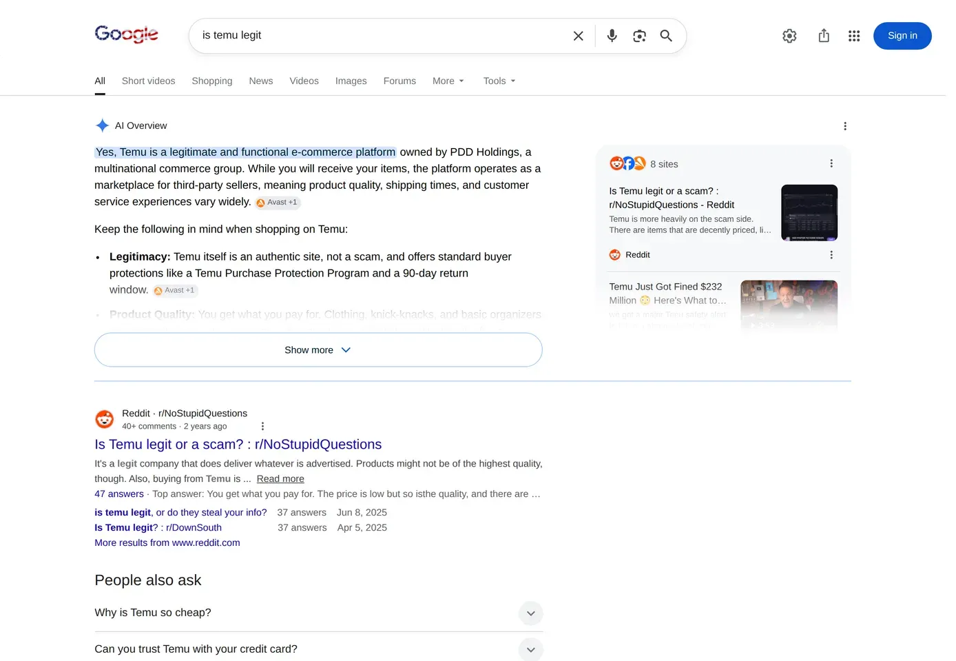 AI Overview answering an "is this domain legit" style query with cited sources