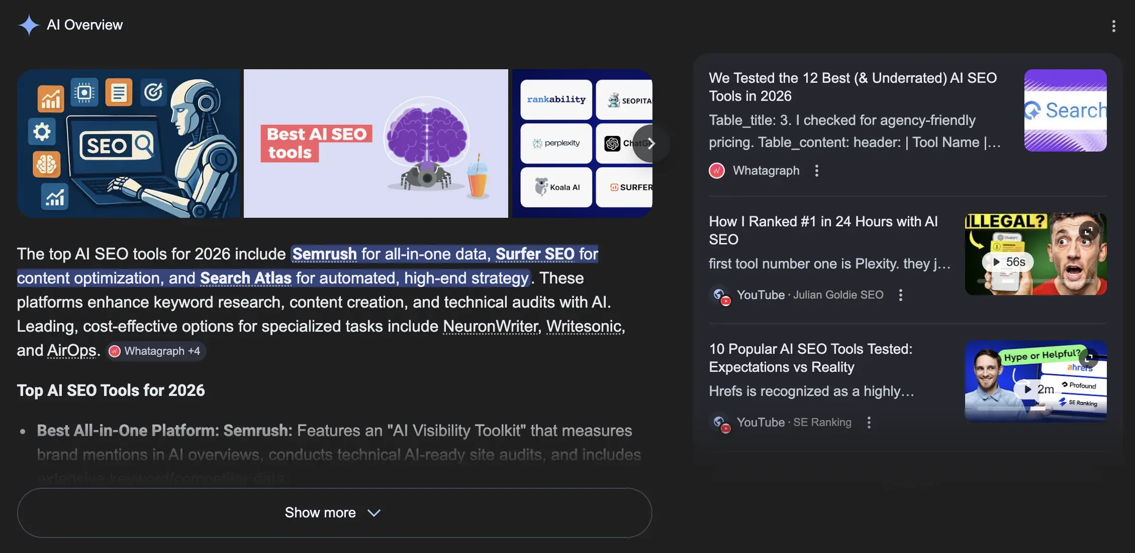 AI Overview block rendered above organic results with cited sources
