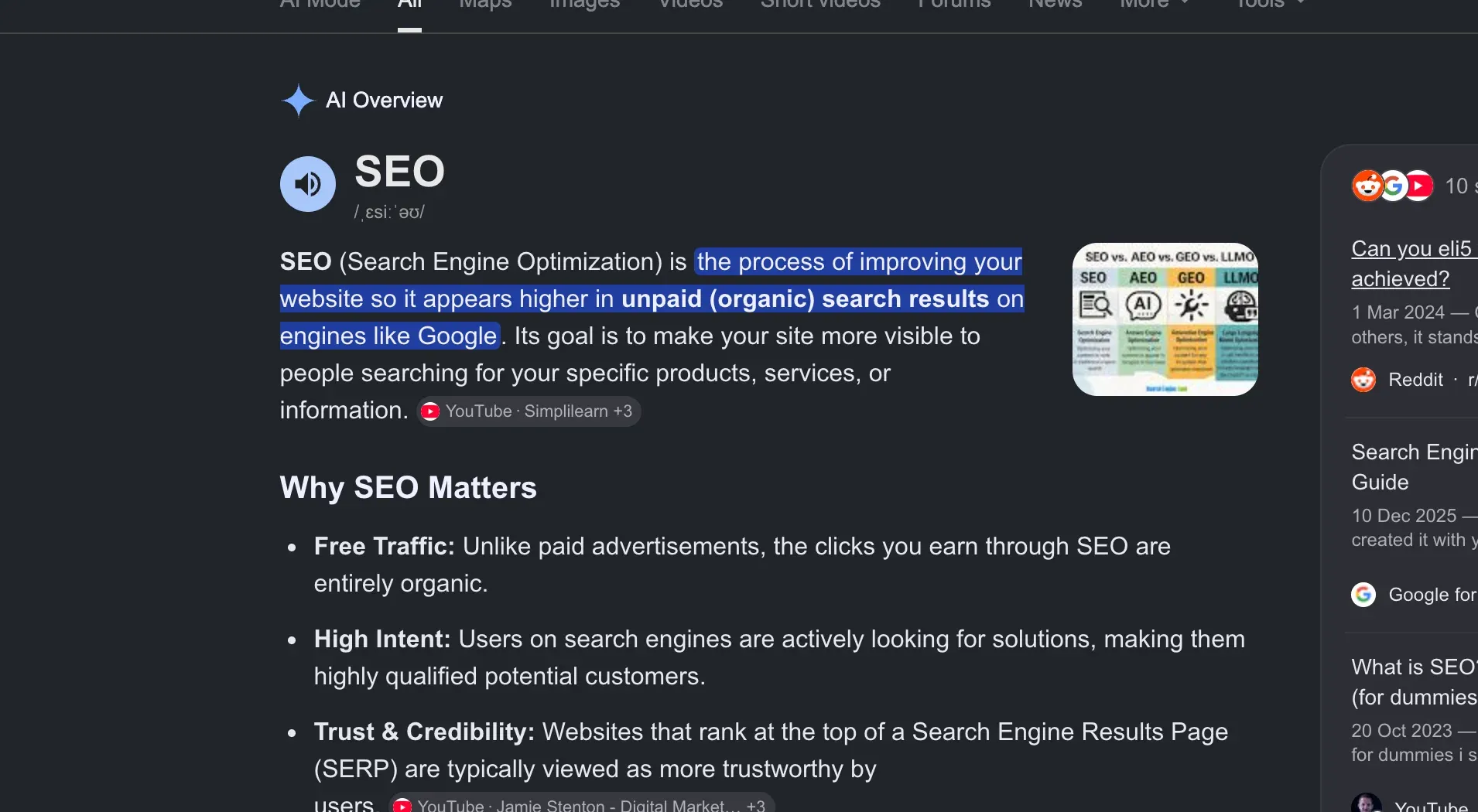 Google AI Overview block on the SEO query, citing multiple sources