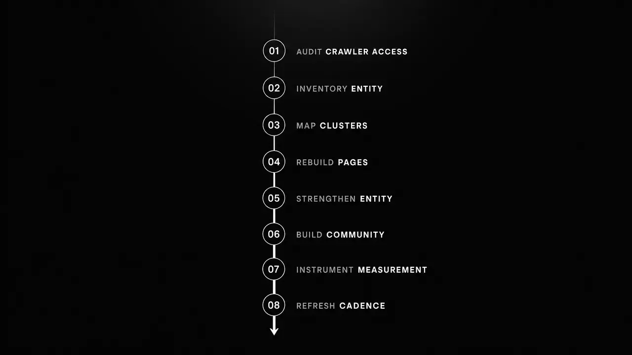 An eight-step sequential implementation pipeline for AI SEO: audit crawler access, inventory entity, map clusters, rebuild pages, strengthen entity, build community, instrument measurement, refresh cadence