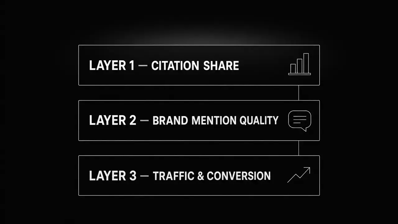 Three measurement layers for AI SEO: citation share at the top, brand mention quality in the middle, and traffic and conversion attribution at the bottom
