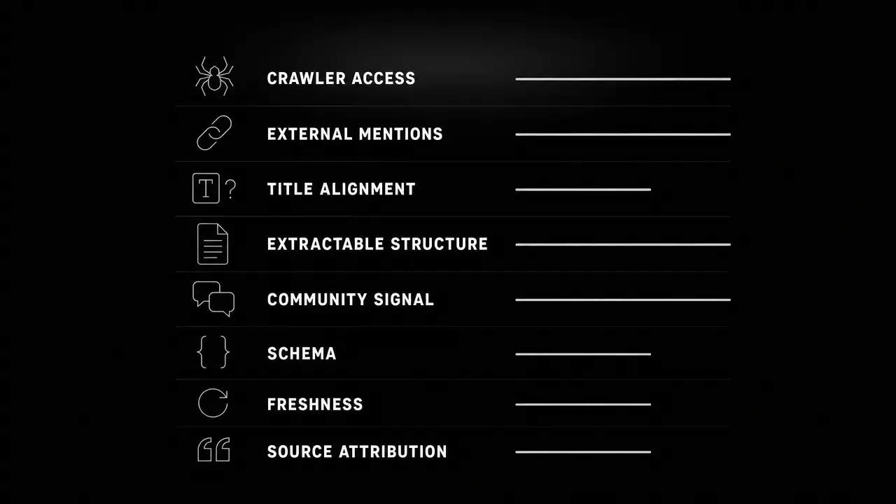 Eight AI SEO retrieval factors ranked by signal strength: crawler access, external mentions, title alignment, extractable structure, community signal, schema, freshness, and source attribution