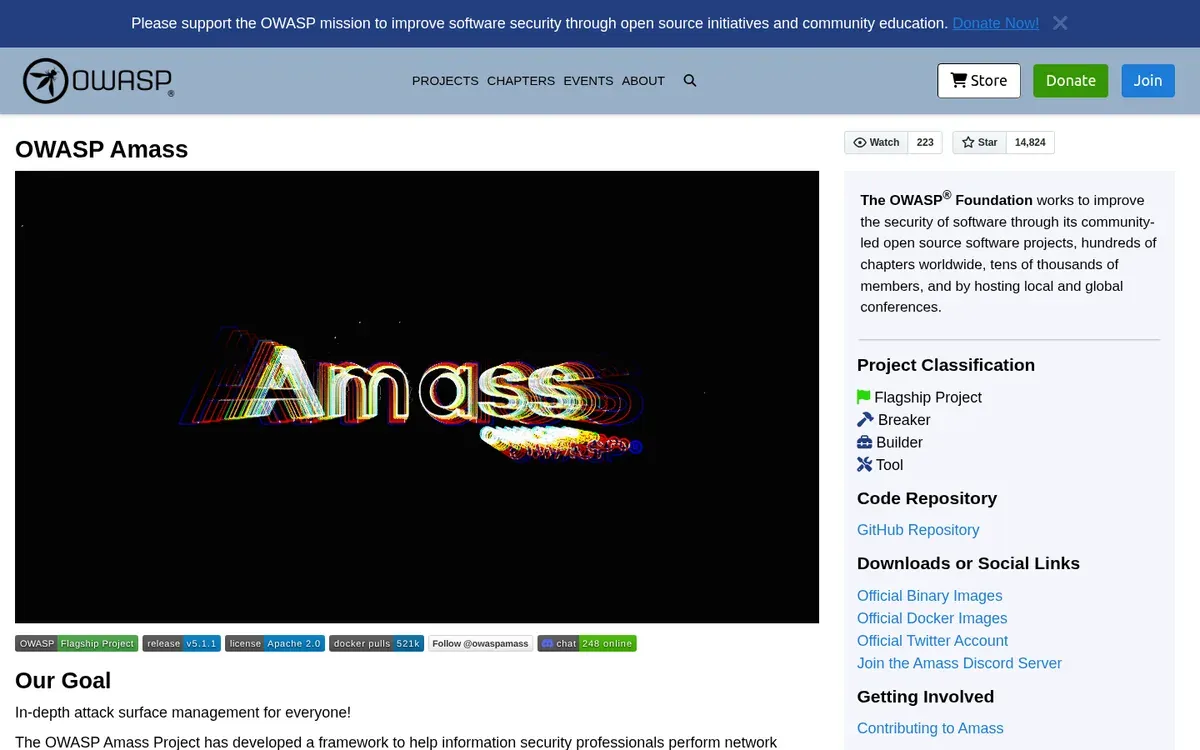 OWASP Amass project page — network mapping and external asset discovery