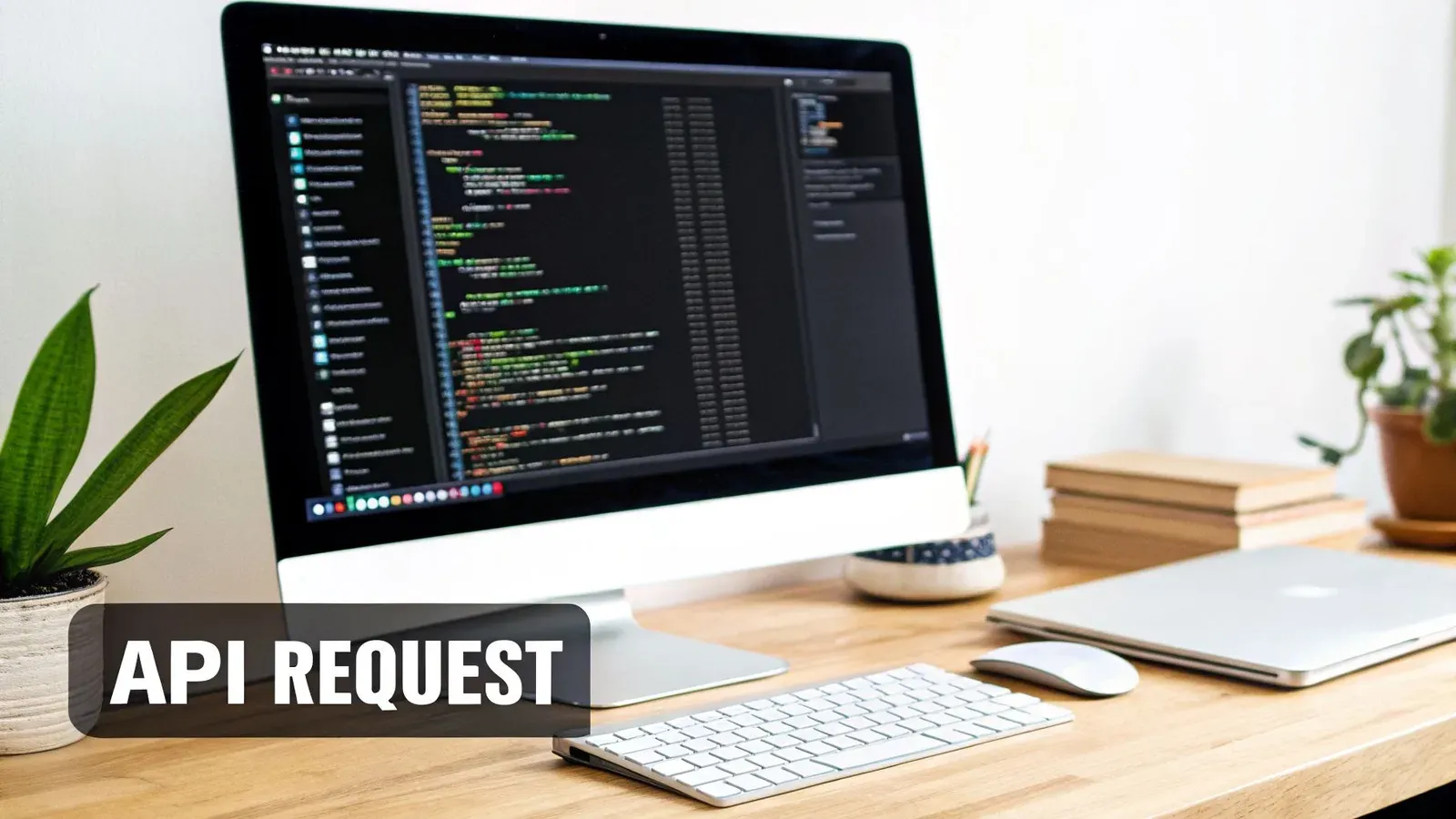 A clean desk setup with a computer displaying code, keyboard, mouse, laptop, books, and plants, labeled "API REQUEST".