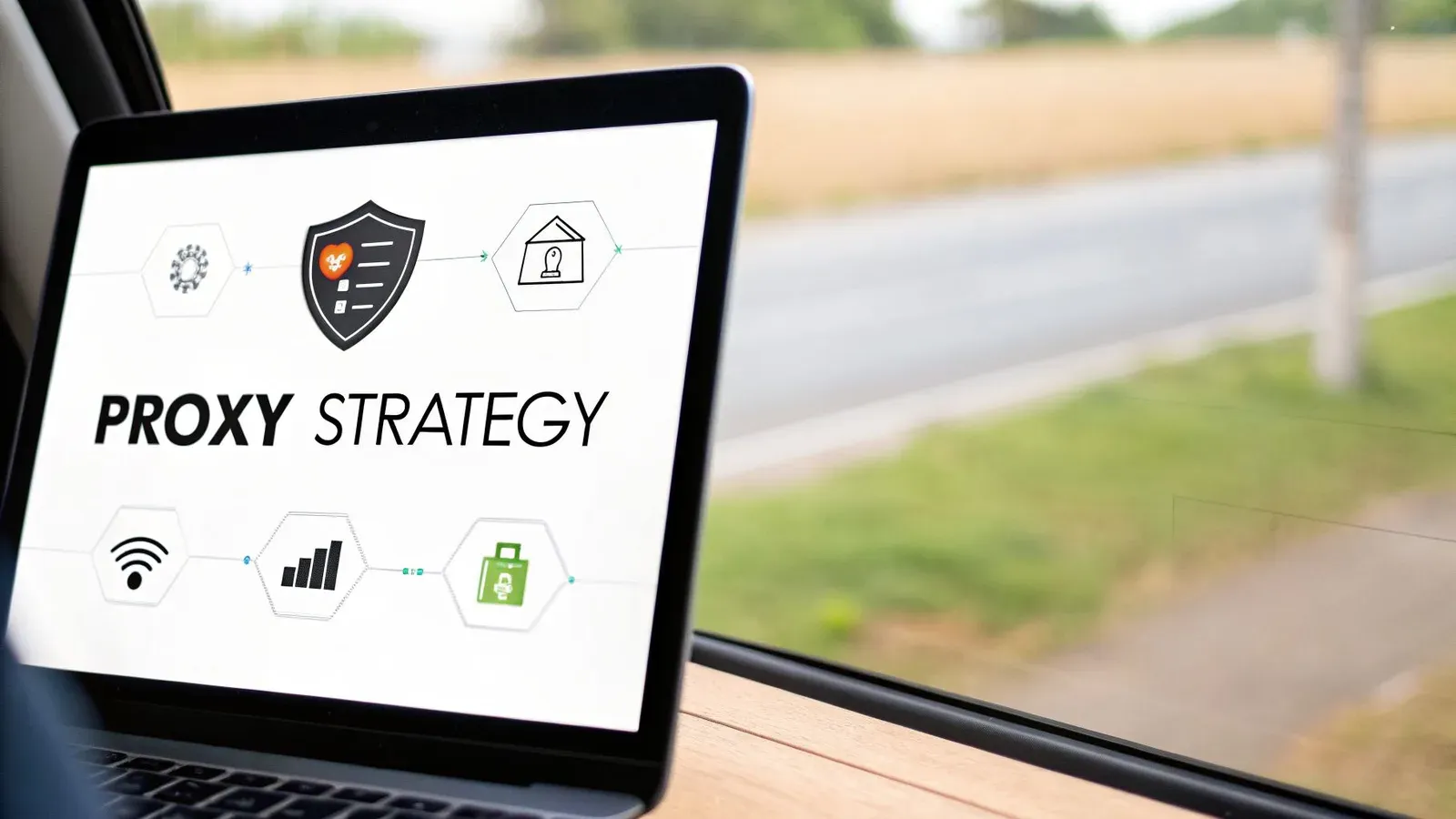 A laptop screen displays 'PROXY STRATEGY' with icons, viewed from a car window overlooking a road.