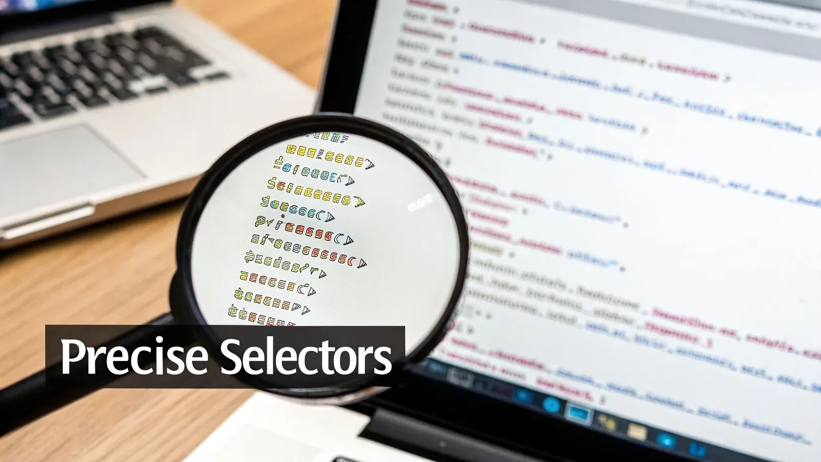 Magnifying glass over a laptop screen displaying web code, highlighting the text 'Precise Selectors'.