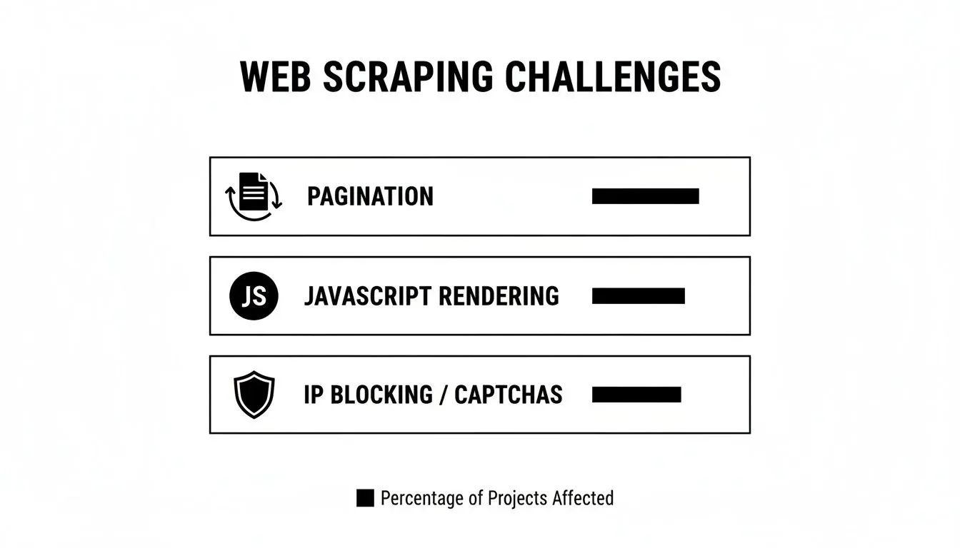 An infographic detailing web scraping challenges: pagination, JavaScript rendering, and IP blocking/CAPTCHAs, with bars showing project impact.