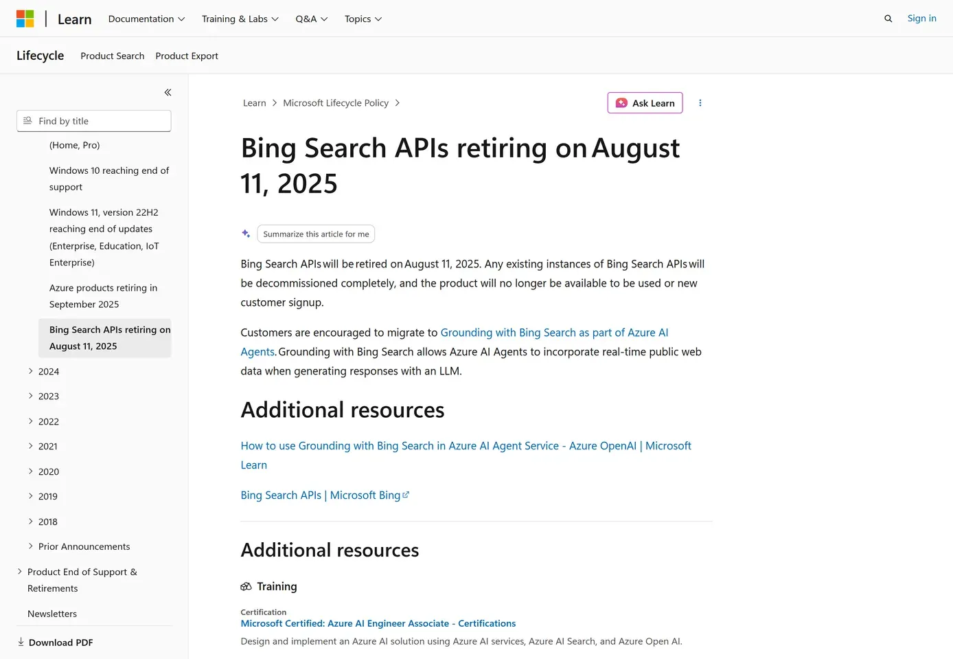 Microsoft Lifecycle notice announcing Bing Search APIs retiring on August 11, 2025