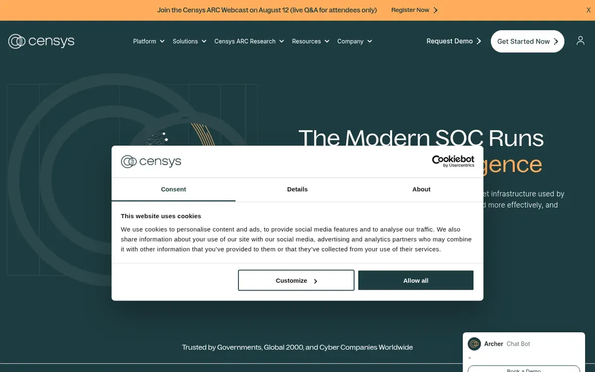 Censys homepage — an authoritative map of global Internet infrastructure