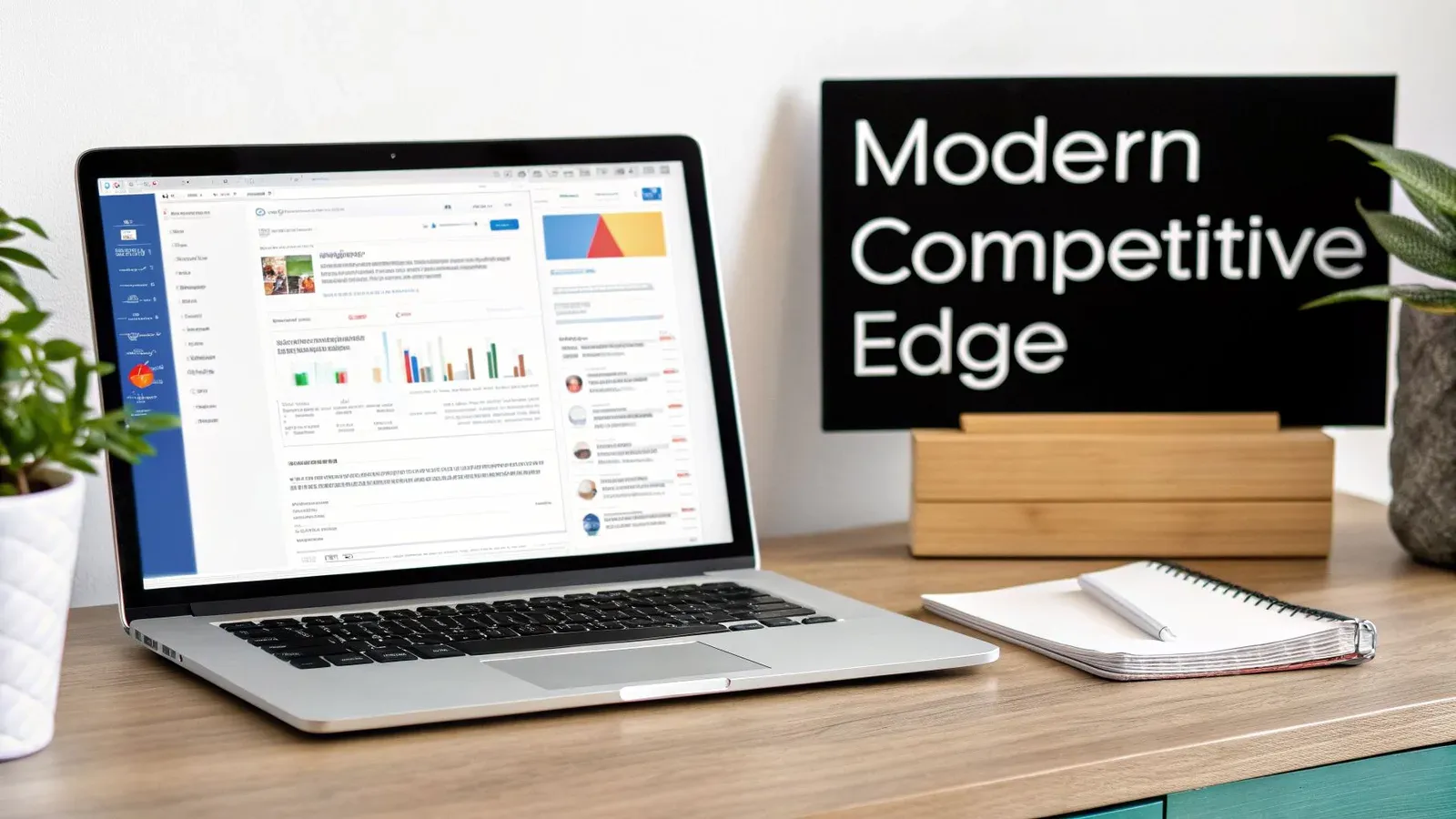 Laptop on a wooden desk displaying a detailed competitive analysis template with various charts and metrics.