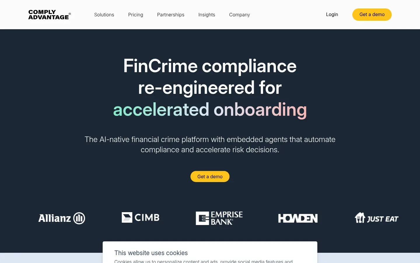 ComplyAdvantage homepage — an AI-native financial crime platform with adverse media and negative news screening
