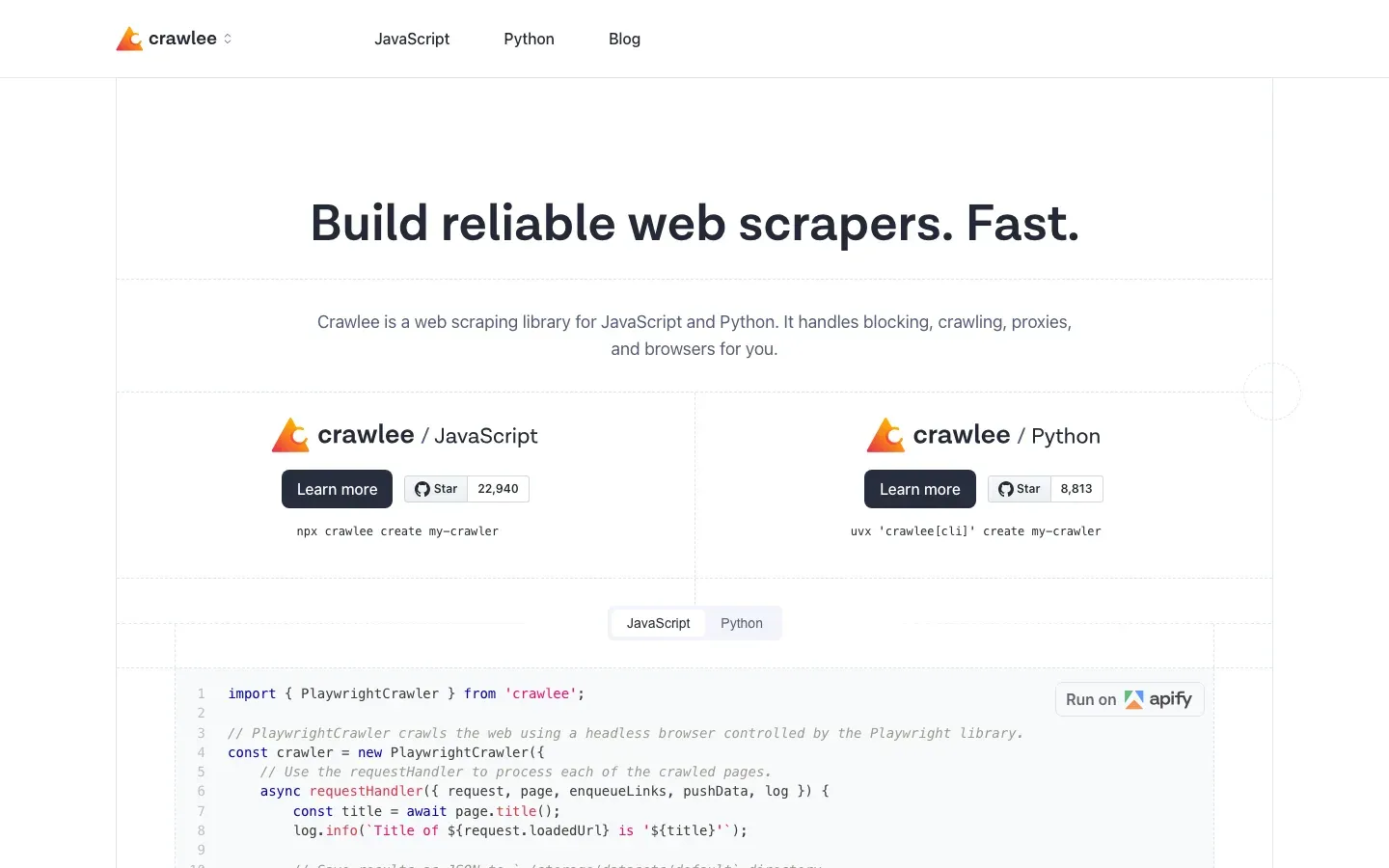Crawlee homepage