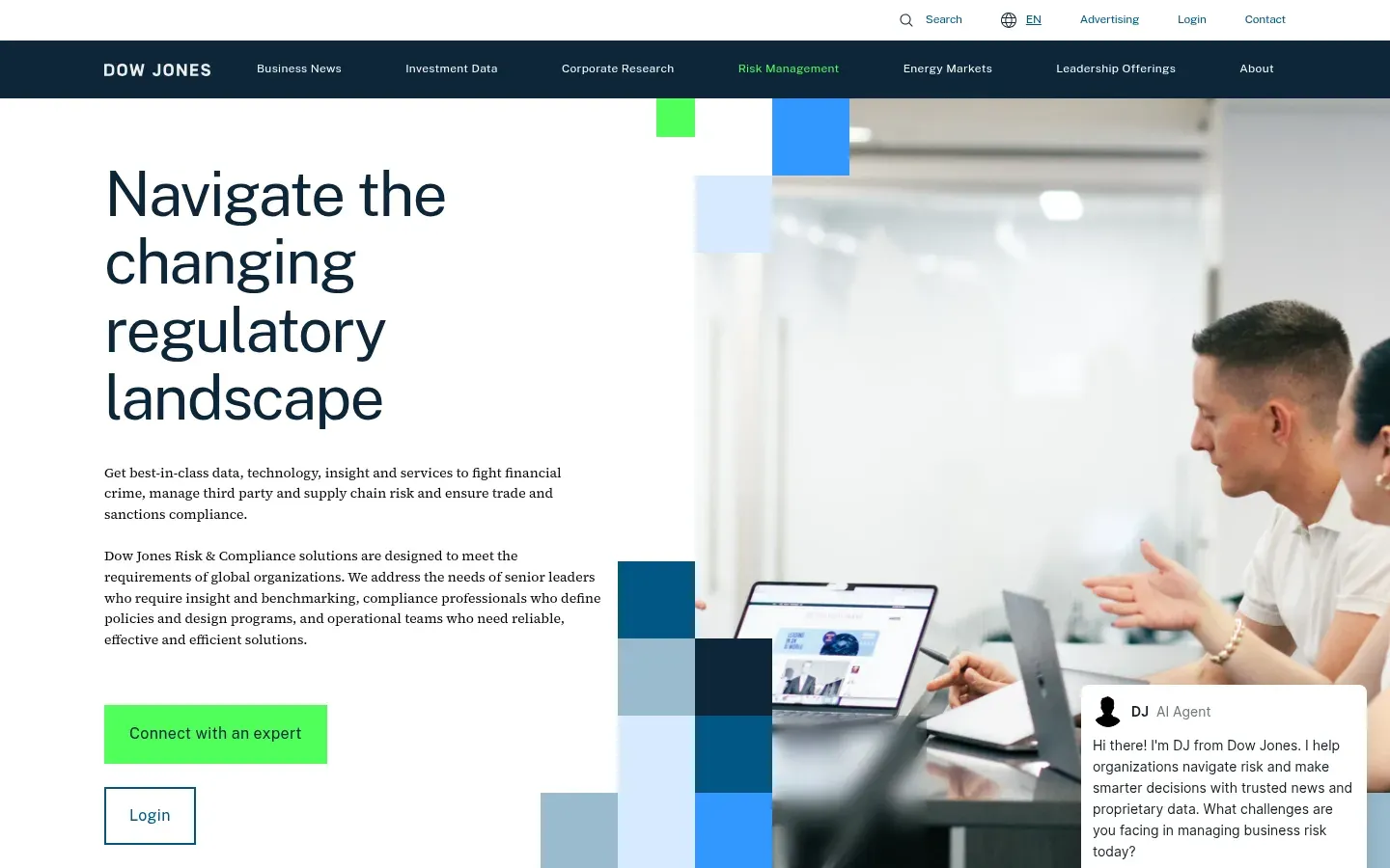 Dow Jones Risk & Compliance homepage — Factiva-sourced adverse media and sanctions screening