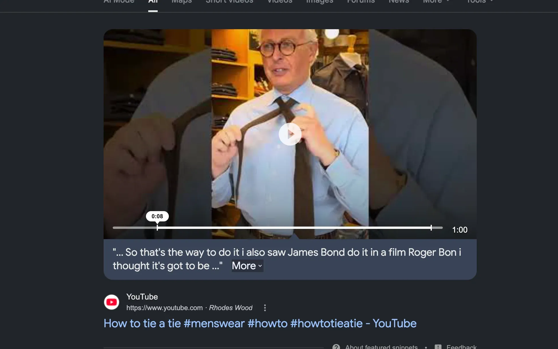 Video featured snippet for "how to tie a tie" with quoted YouTube source