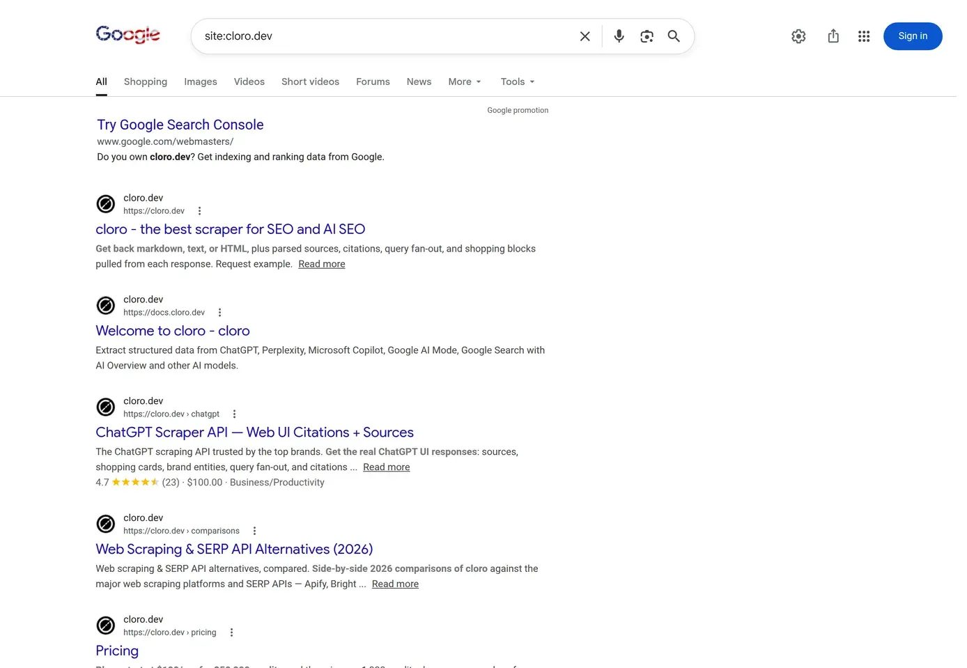 Google site: operator results auditing a domain's search-indexed footprint, with Google's own 'do you own this domain?' prompt