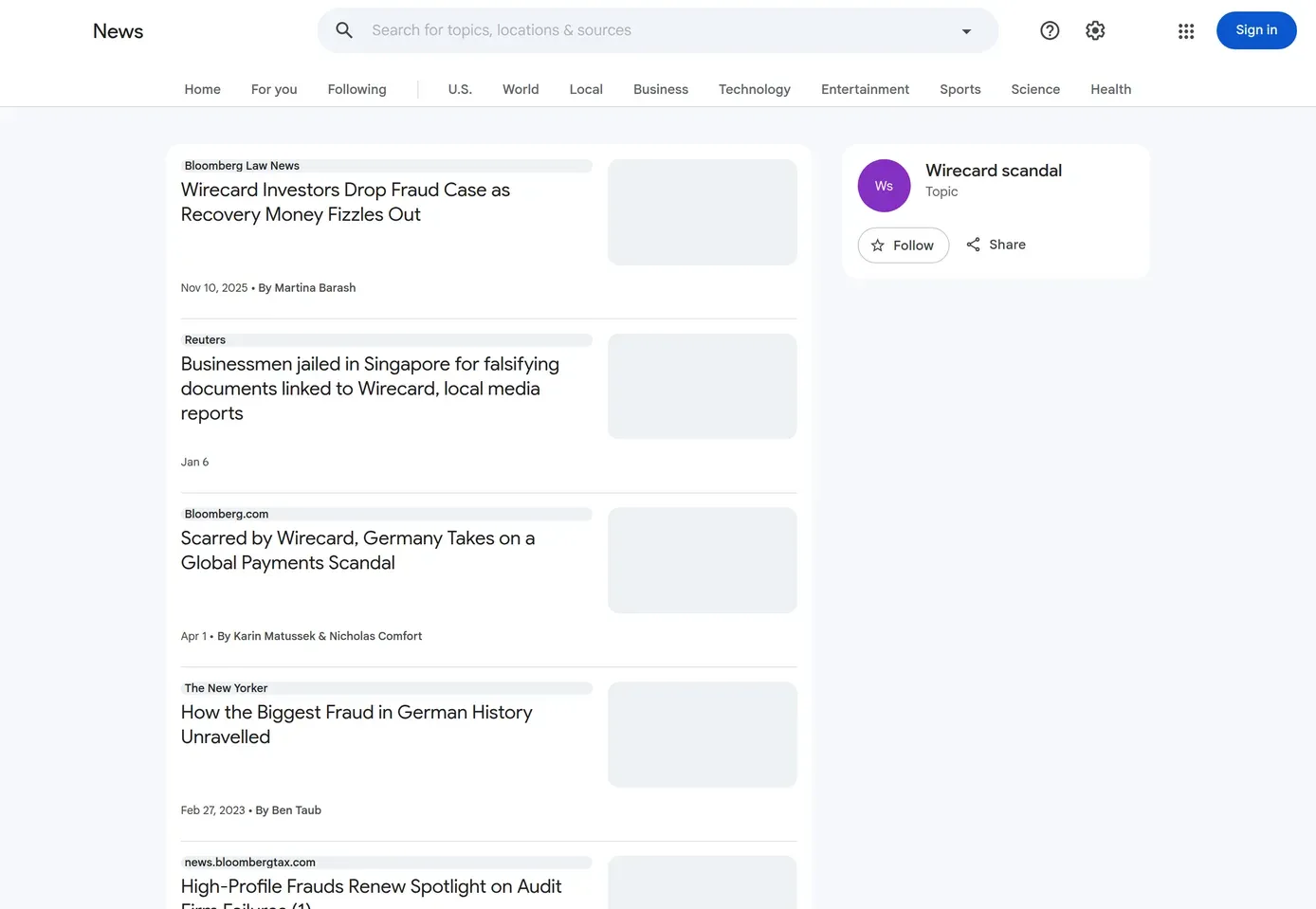 Google News results for a company fraud query showing Bloomberg, Reuters, and New Yorker adverse coverage