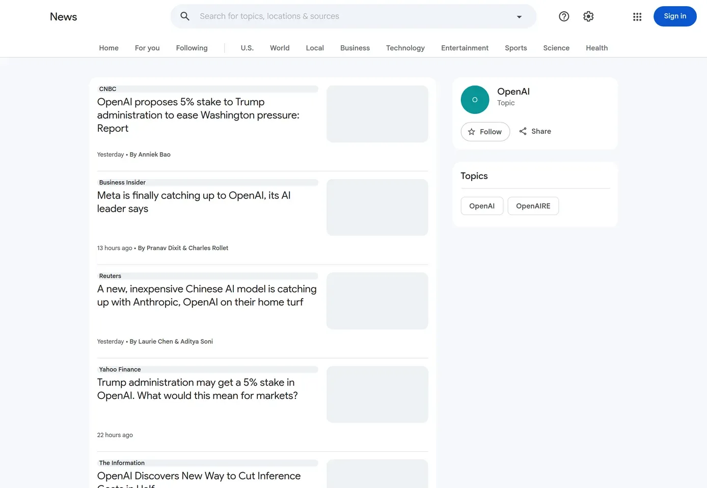 Google News results for a fast-moving entity showing 13-hours-ago and 22-hours-ago timestamps