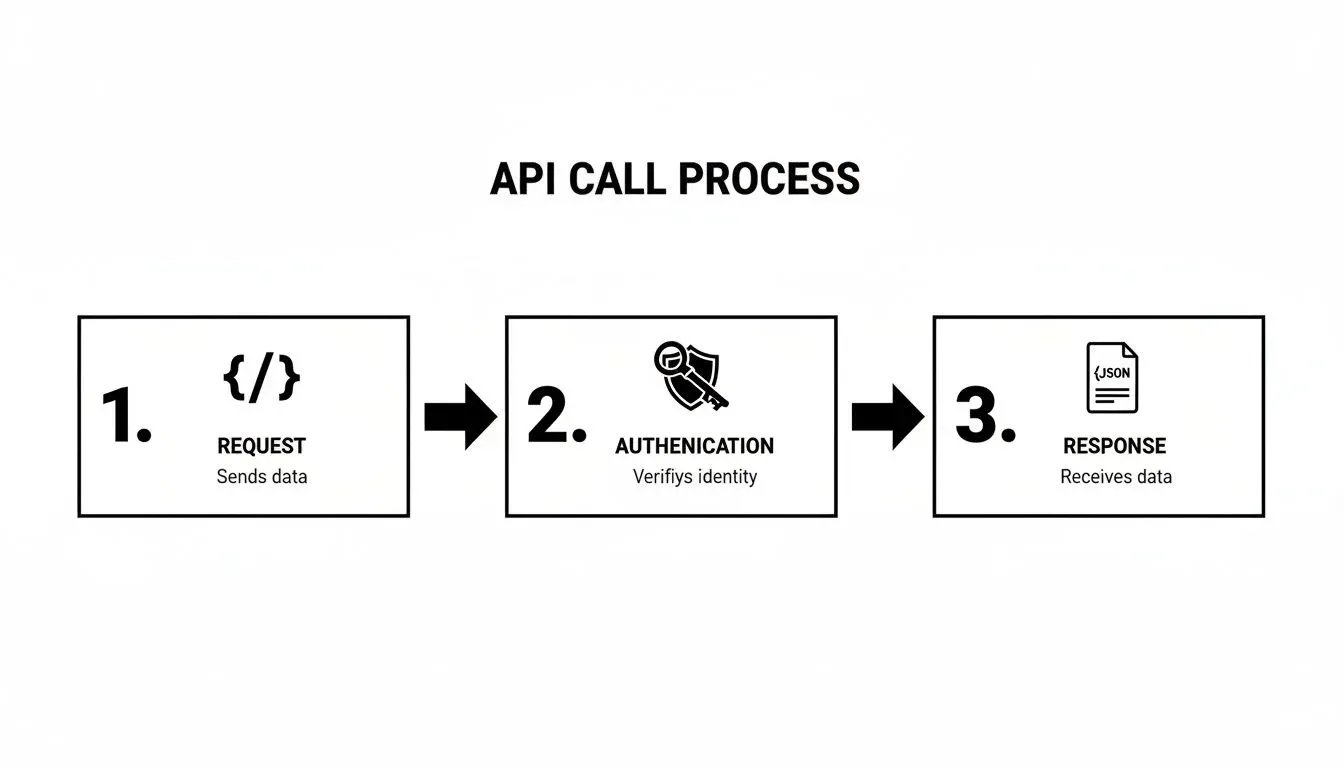 Diagram illustrating the API call process, showing request, authentication, and response steps with icons.