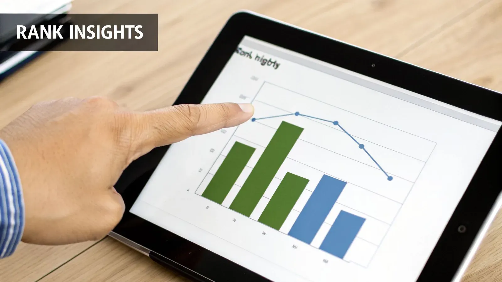 A hand points at a tablet displaying charts with green and blue bars and a blue declining line graph, representing insights.