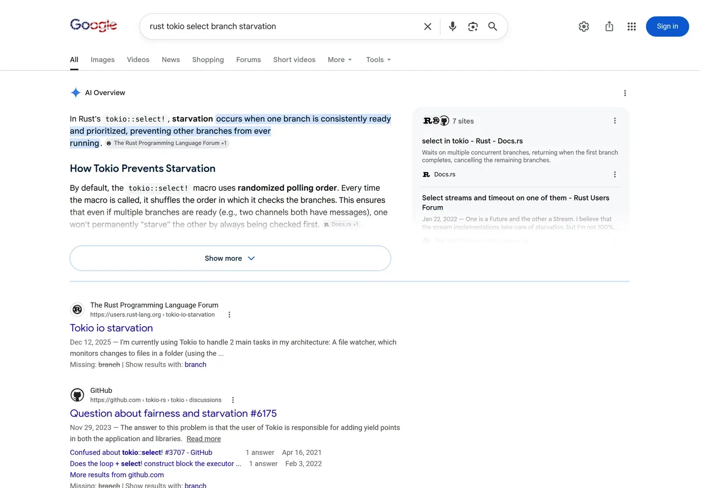 Google results for a long-tail Rust concurrency query — AI Overview plus Docs.rs, forum, and GitHub coverage smaller indexes miss