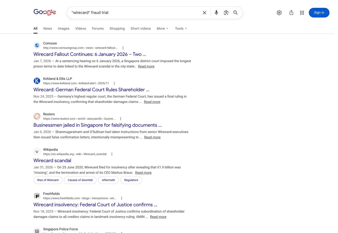 Google results for an entity fraud query showing court rulings and sentencing coverage dated within recent months