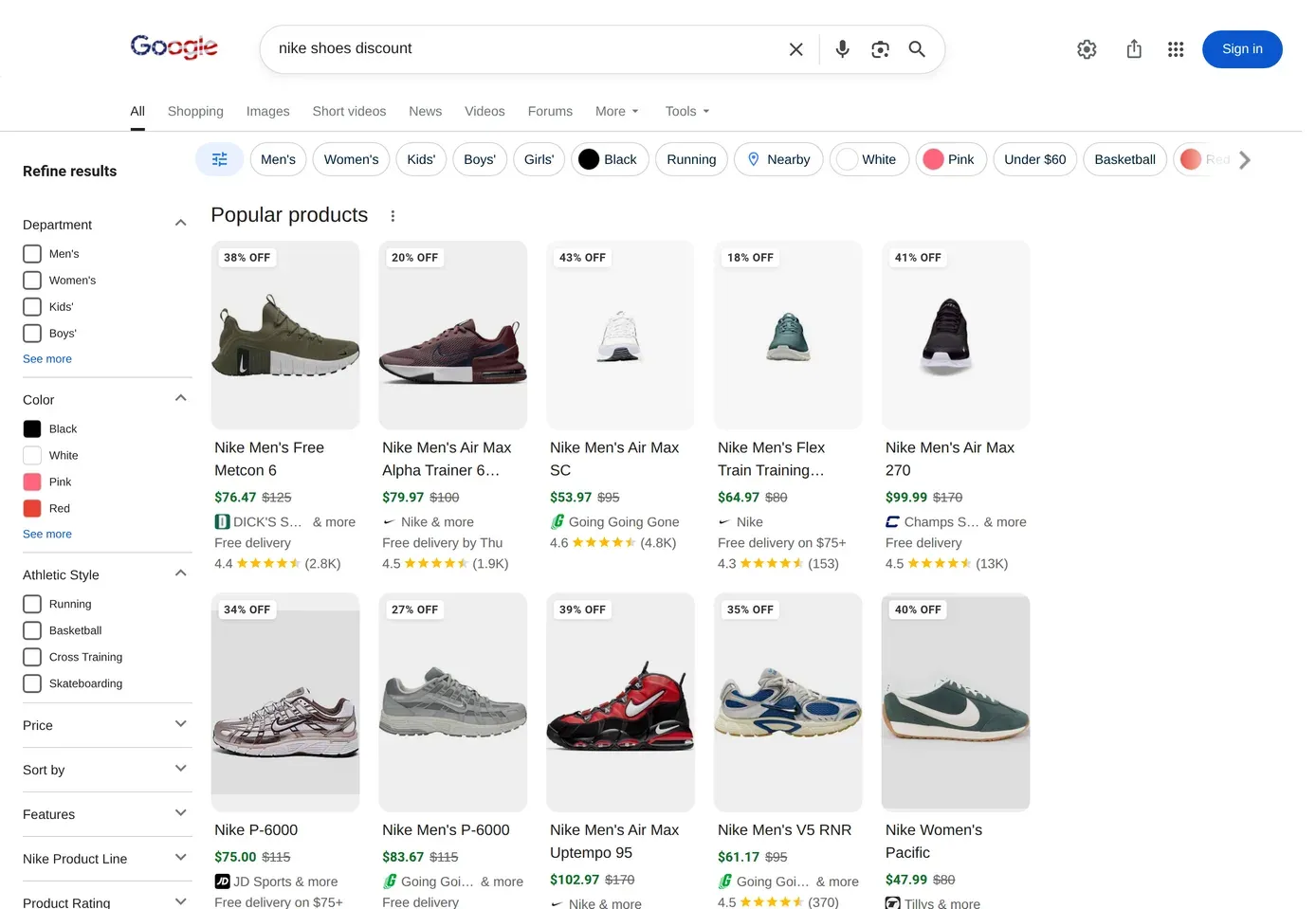 Google popular-products grid on a brand-plus-discount query showing third-party sellers offering up to 43% off