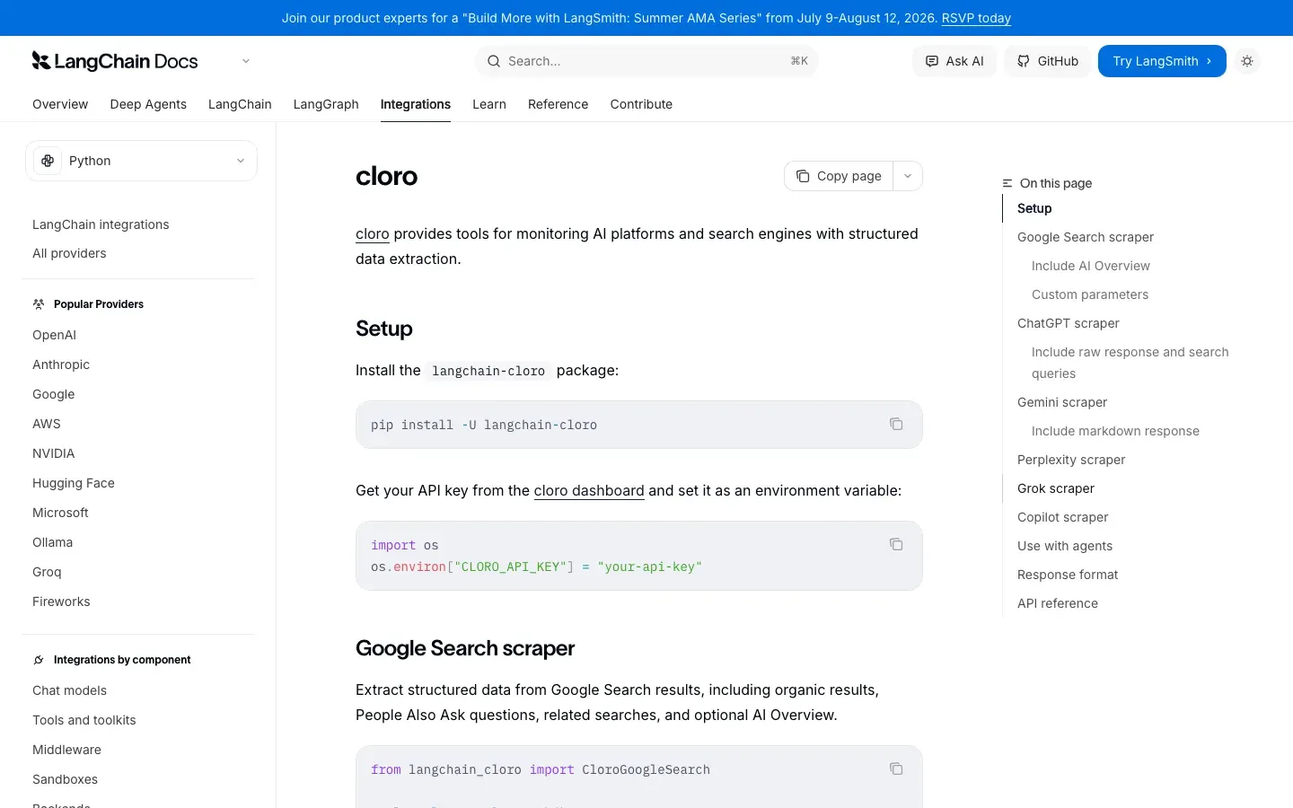 LangChain × cloro integration page