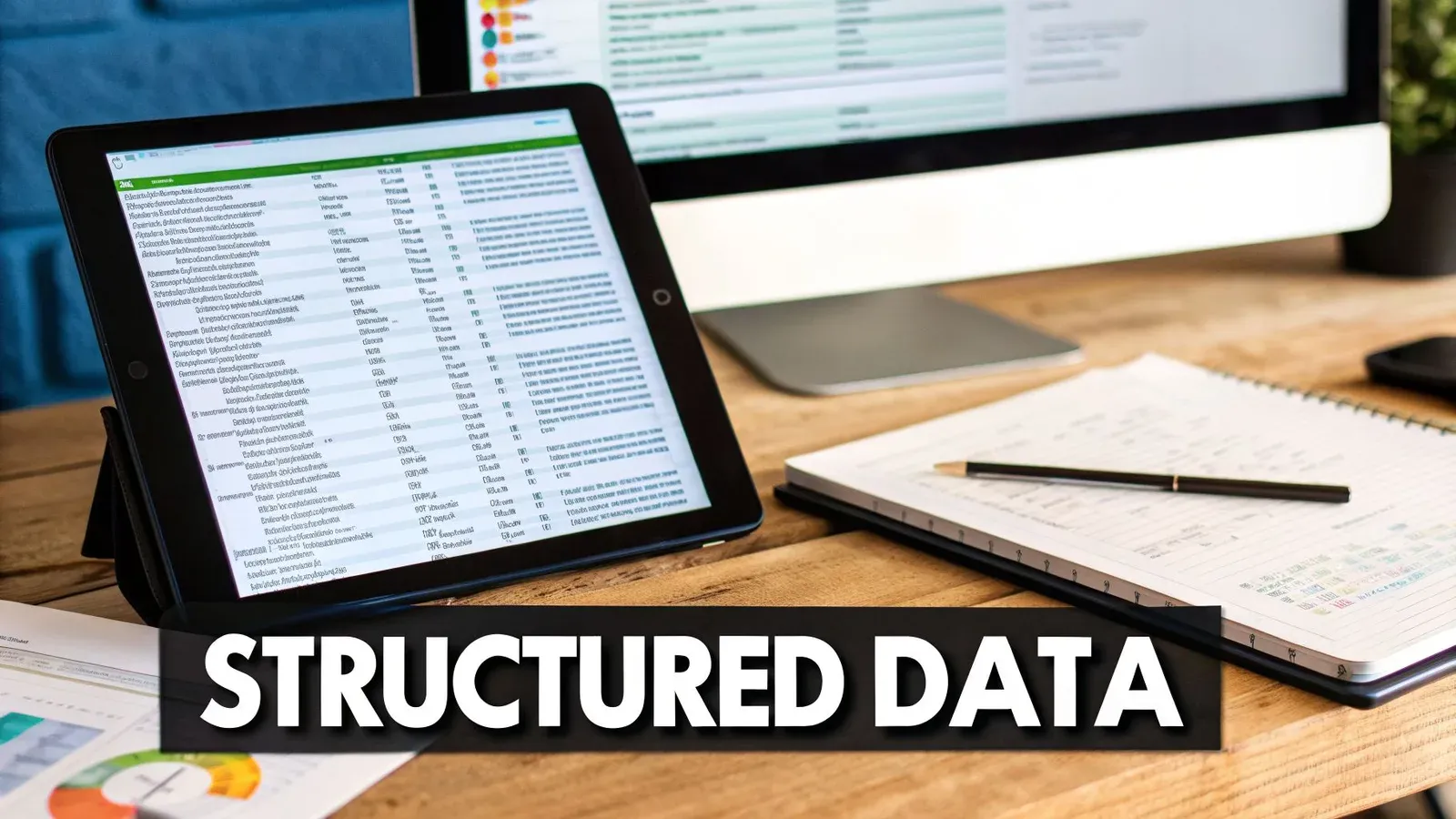A tablet and monitor displaying spreadsheets of structured data on a wooden office desk, with a notebook and pen.