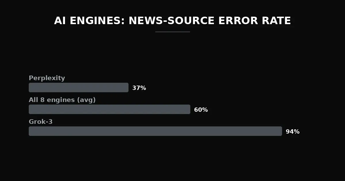 AI engines news-source error rate: Perplexity 37%, all eight engines 60% average, Grok-3 94% — Columbia Tow Center 2025
