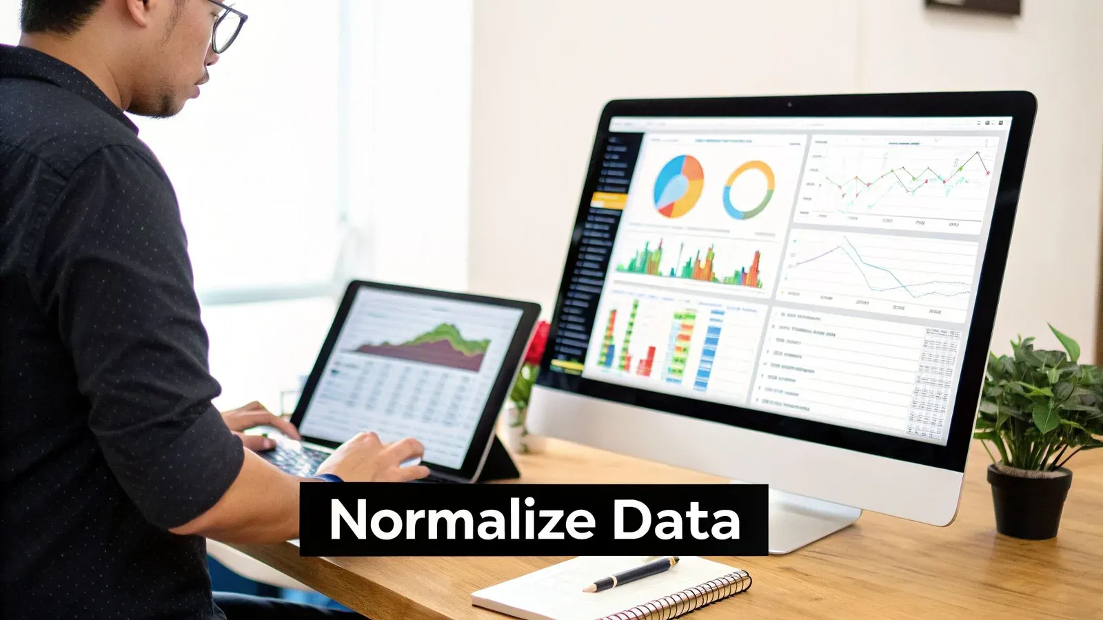 A person uses a laptop and large monitor to analyze data dashboards and charts.