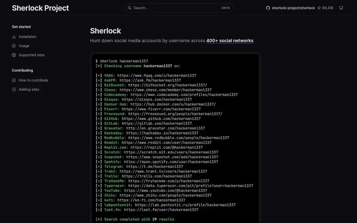Sherlock project site — username enumeration across 400+ social networks