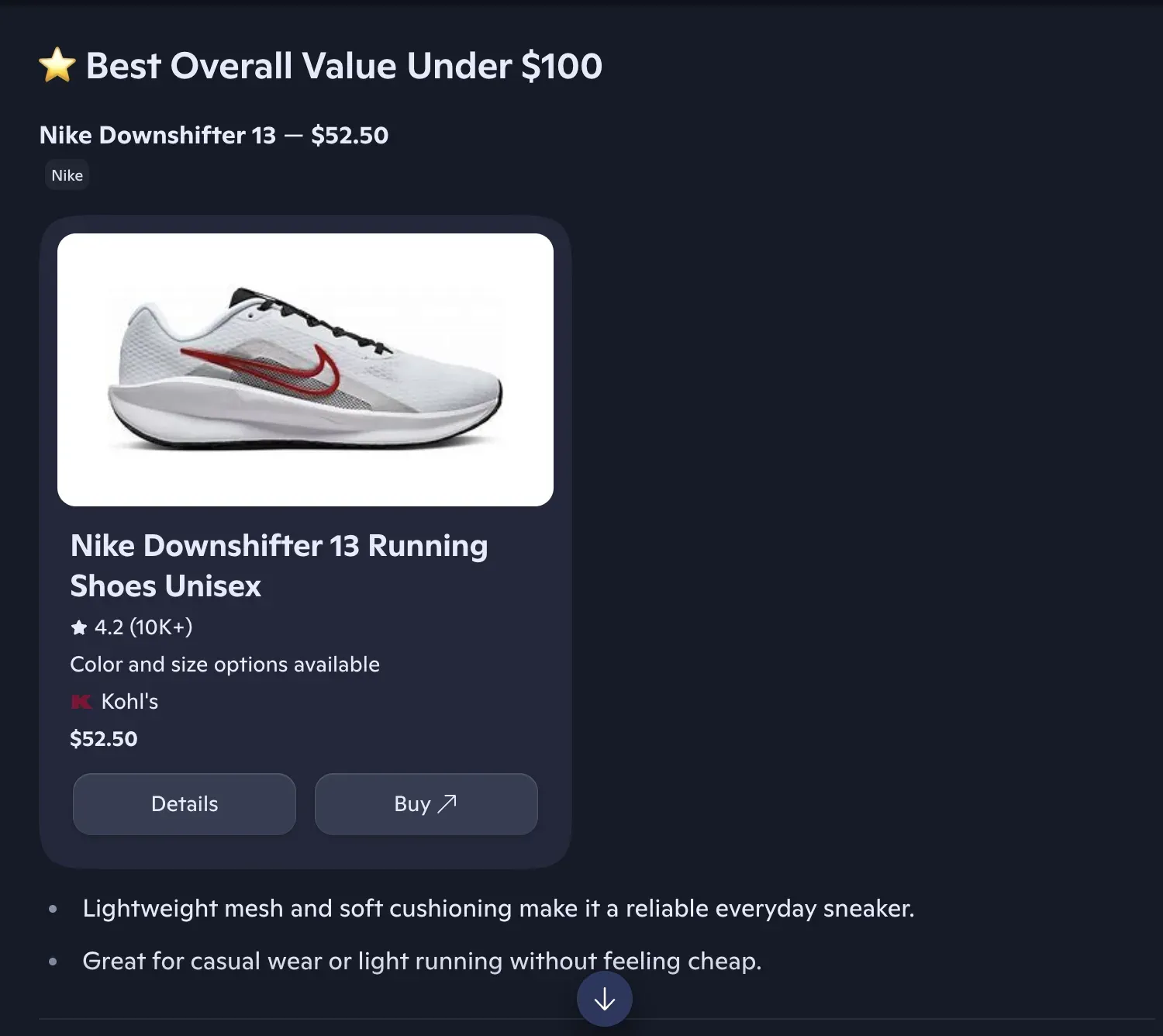 Copilot shopping card UI showing product card with price and reviews