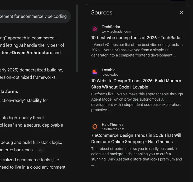 Gemini sources panel showing live Google index citations across sessions
