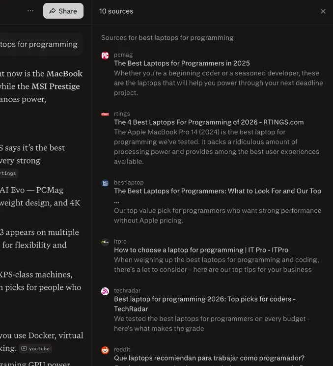 Perplexity sources panel citing ten web sources behind an AI answer