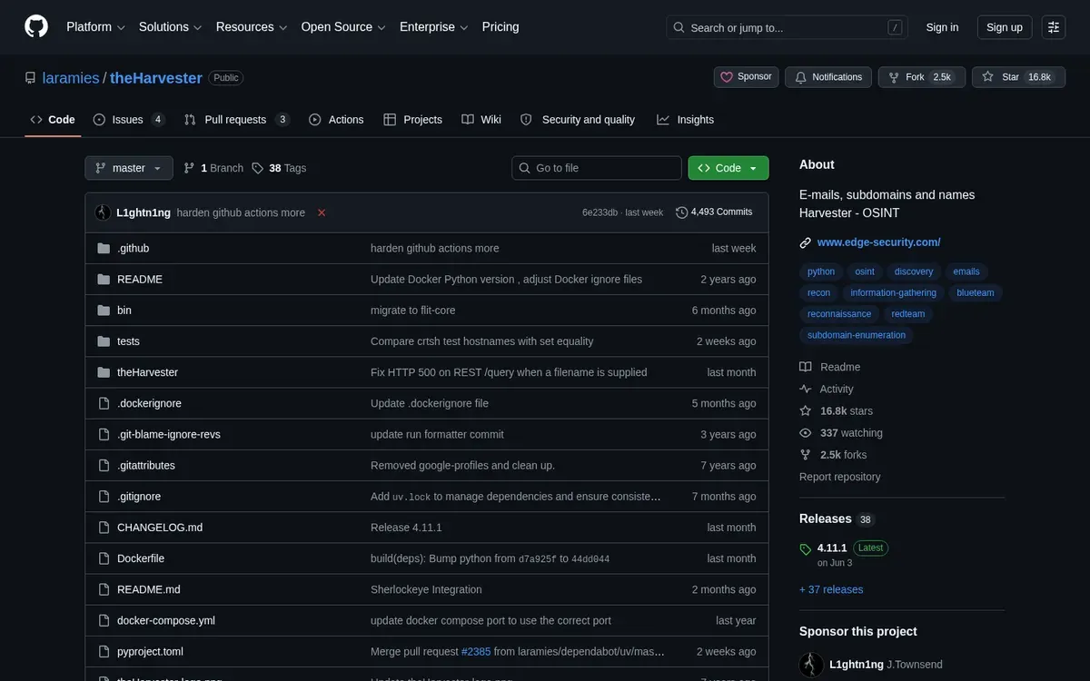 theHarvester repository — footprinting emails, subdomains, IPs, and URLs for a domain