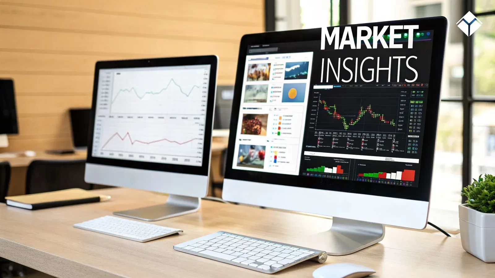 Two modern computer monitors on a wooden desk displaying financial charts and market insights.