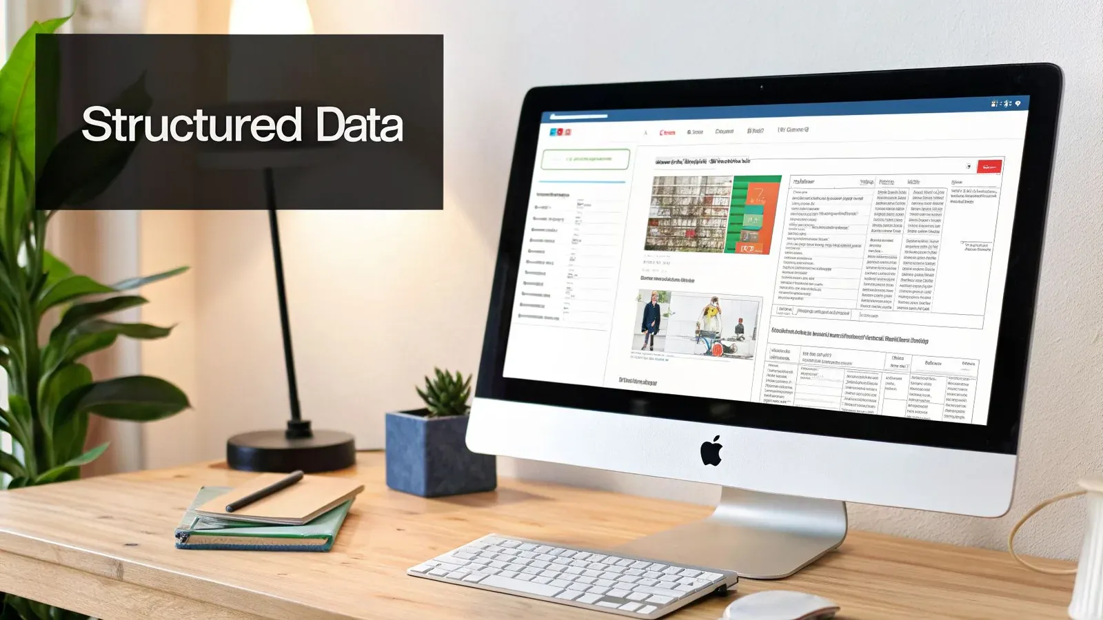 An iMac displays a web page with tables and content, highlighting the concept of structured data.