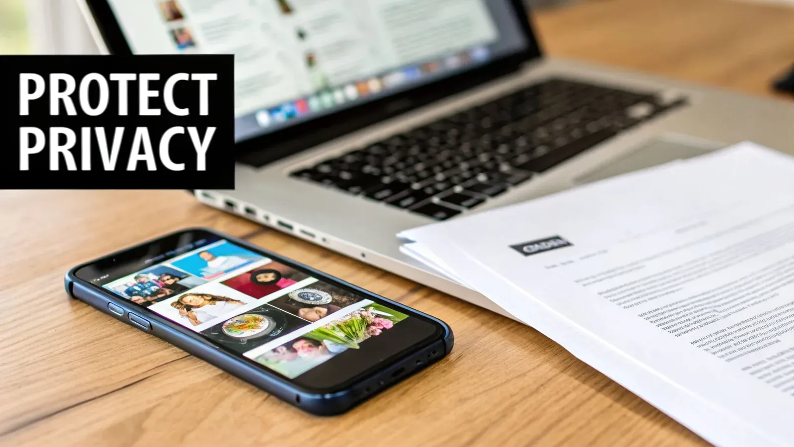 A desk with a laptop, smartphone, documents, and a sign saying 'PROTECT PRIVACY'.
