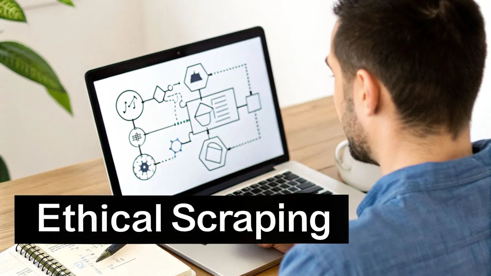 Rear view of a man looking at a laptop showing a data process diagram with 'Ethical Scraping' text.