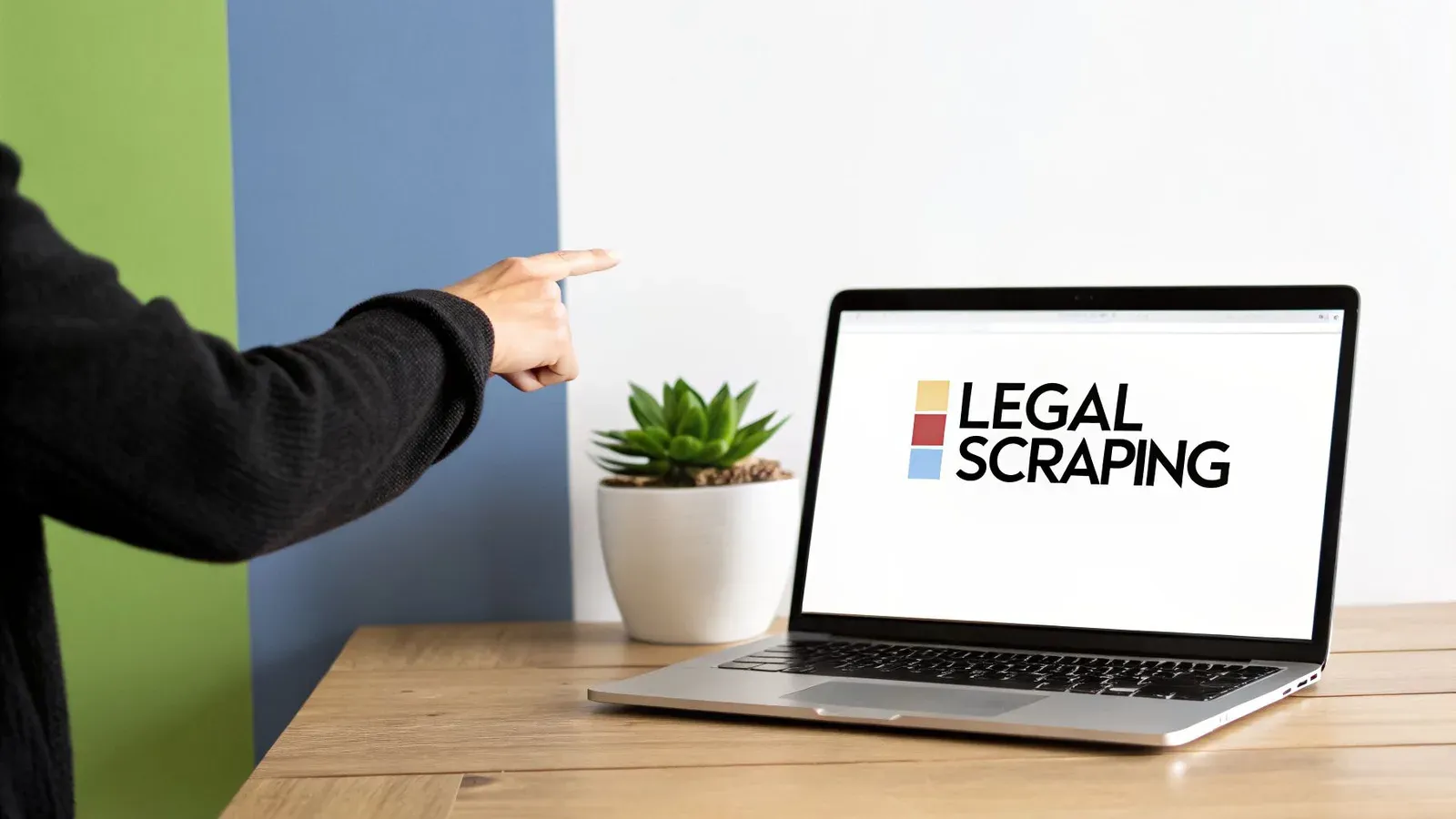 Person pointing at a laptop displaying 'LEGAL SCRAPING' on a wooden desk with a plant.