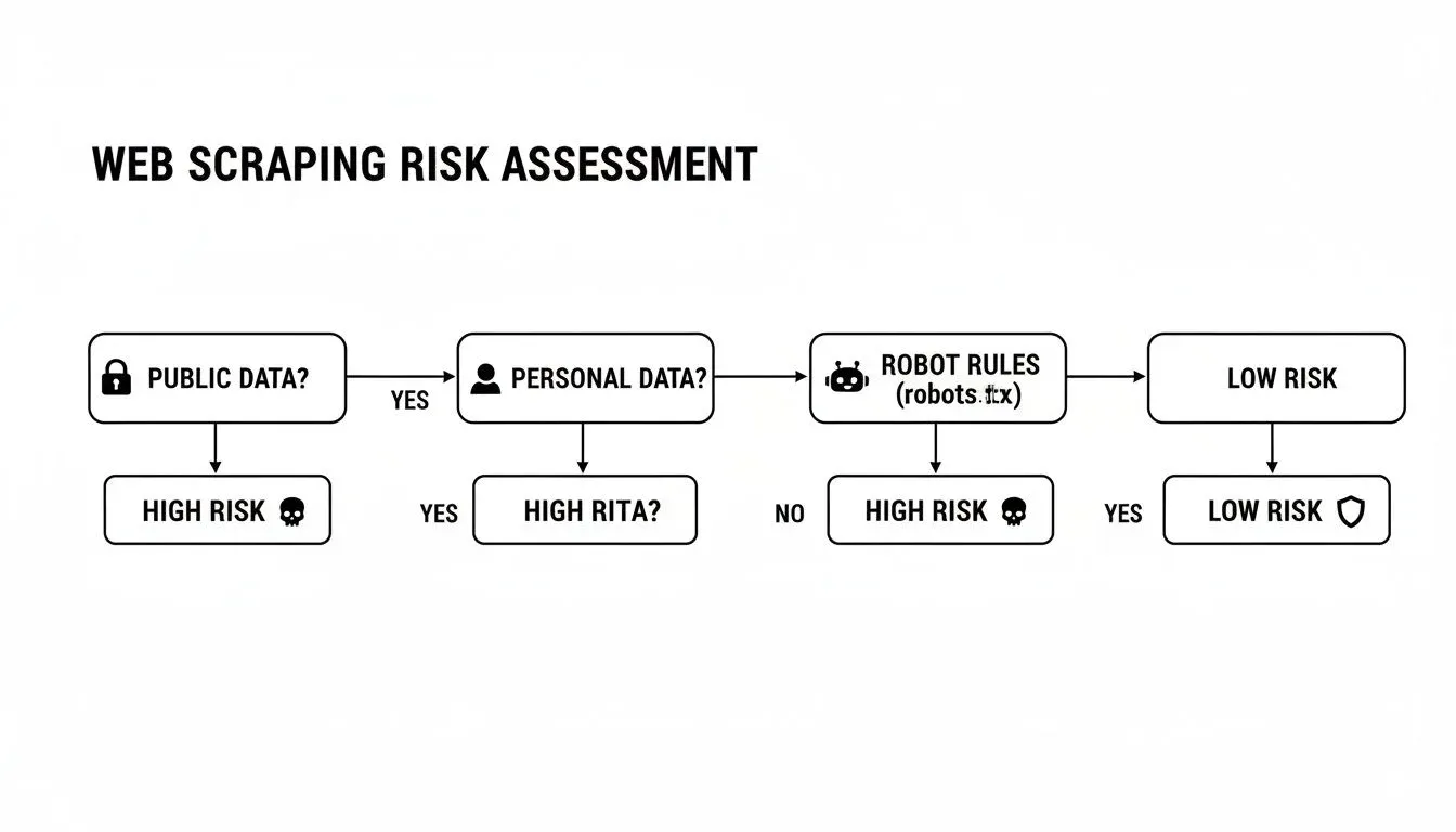 Flowchart for web scraping risk assessment, determining low or high risk based on data type and robot rules.