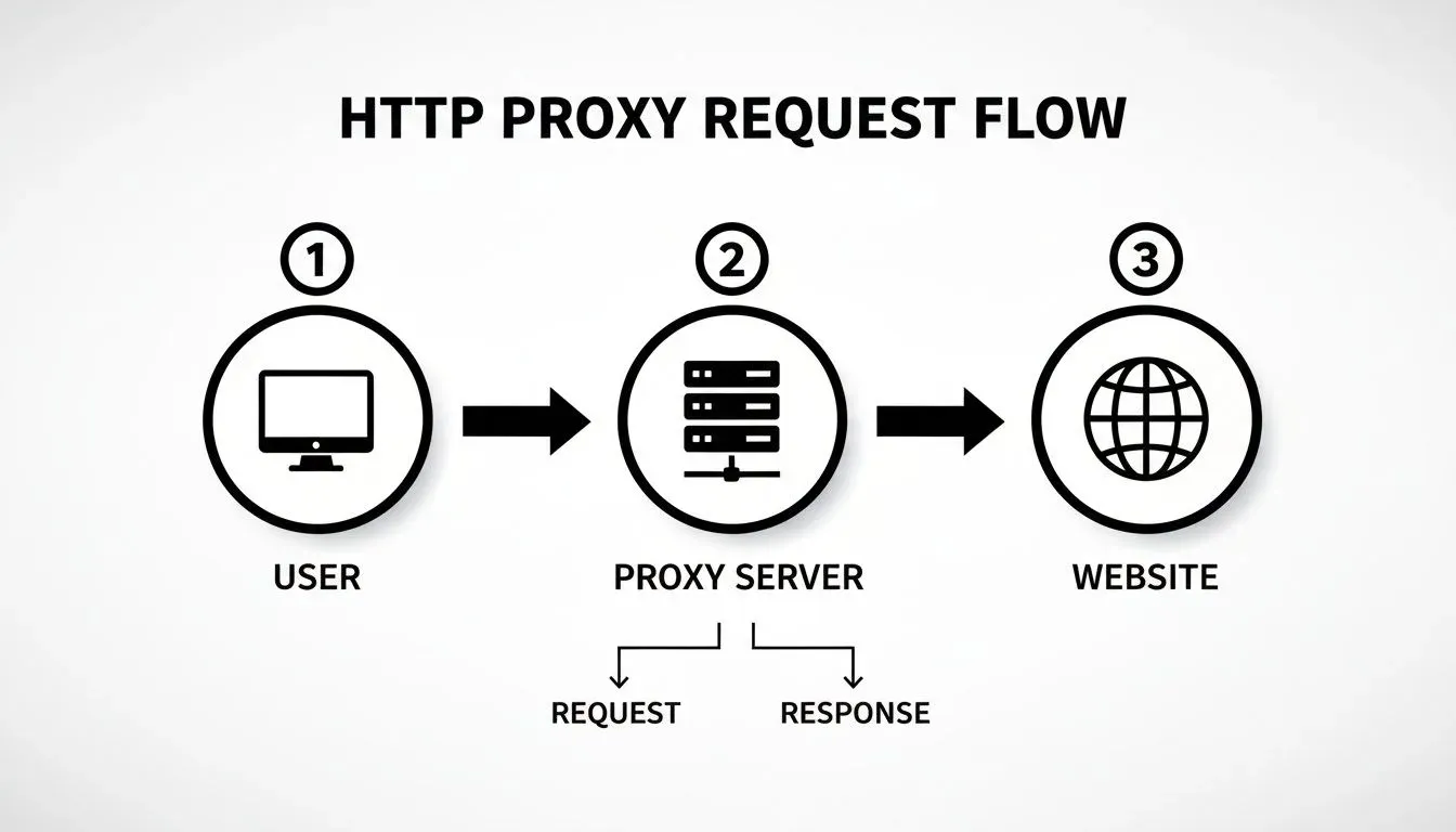 Diagram illustrating the HTTP proxy request flow from user to website via a proxy server.