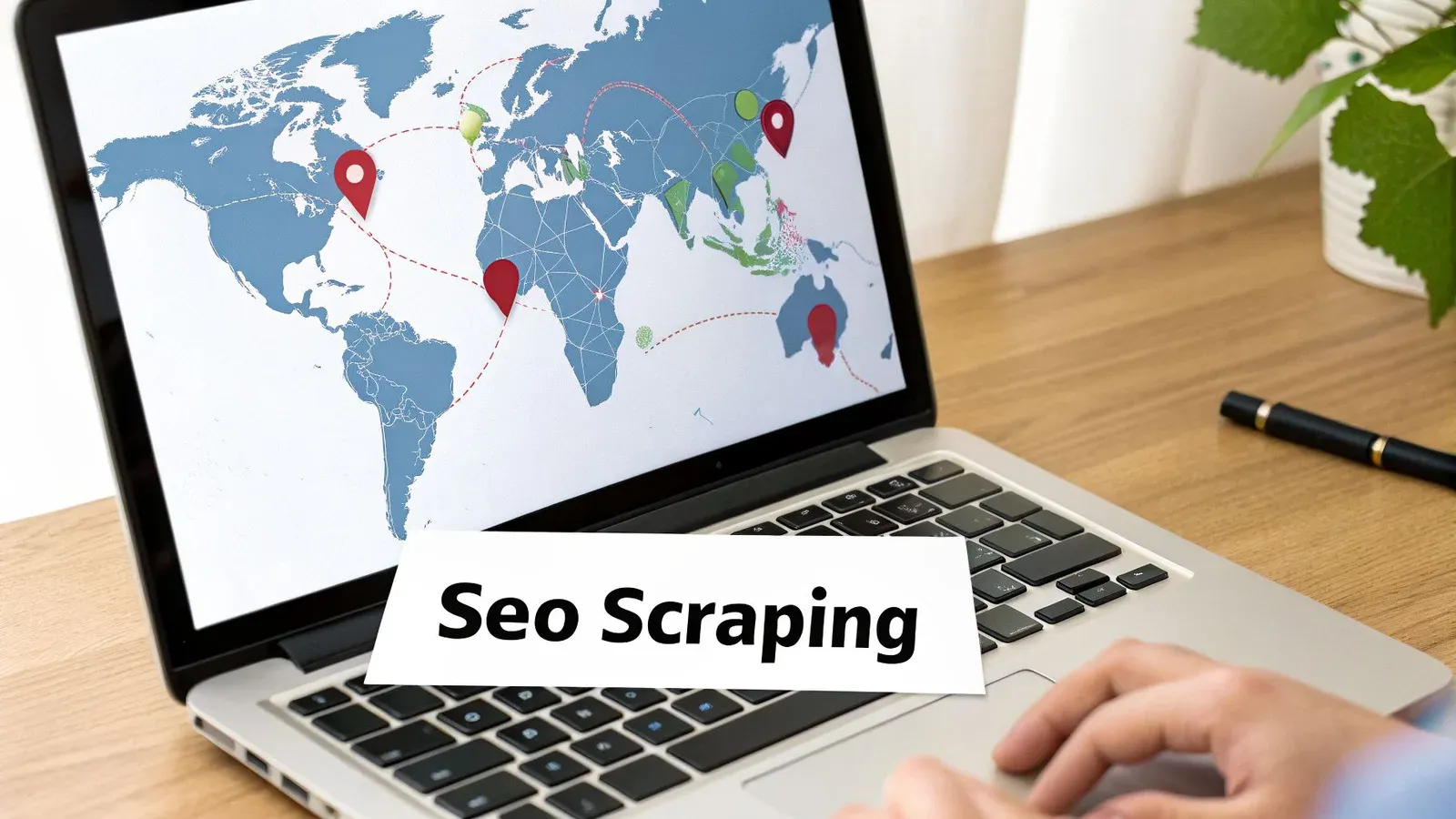 Laptop screen shows a global map with location pins, while a paper on the keyboard reads 'Seo Scraping'.